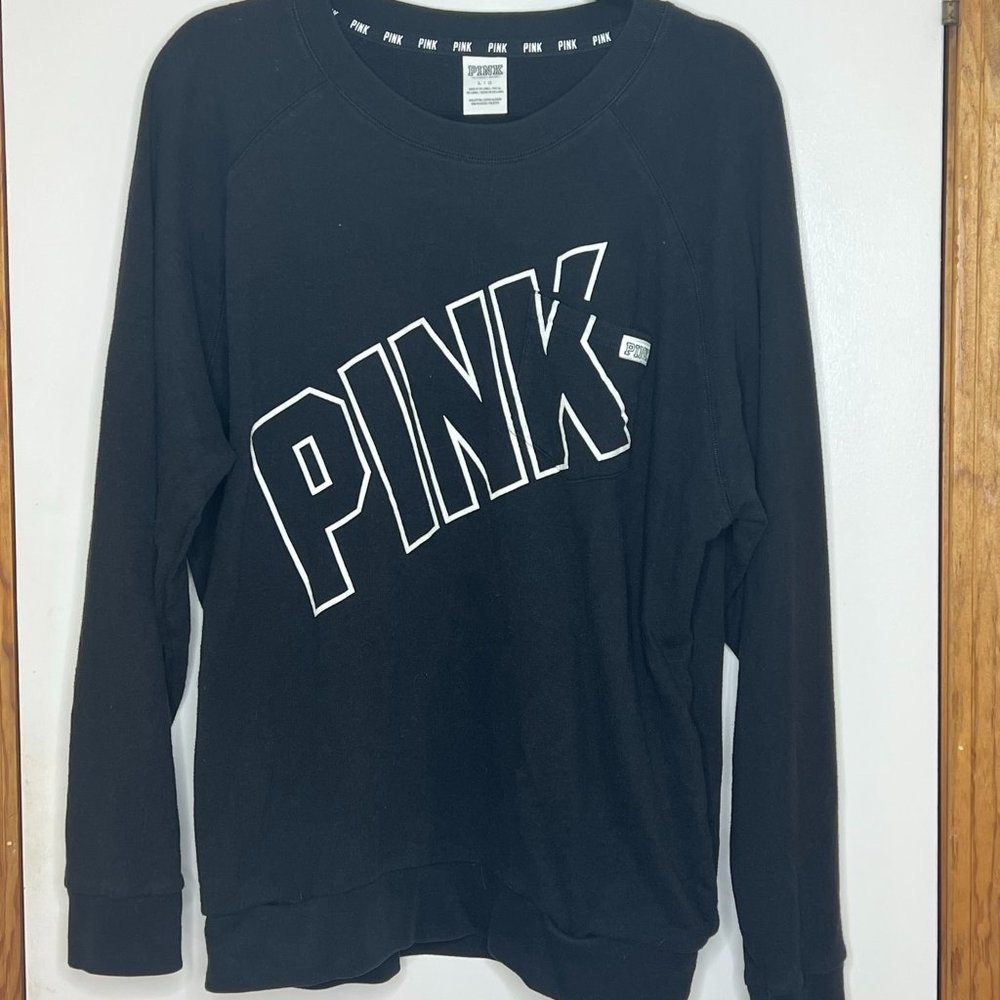 Large Victorias Secret PINK Crewneck Sweatshirt Black w Pockets